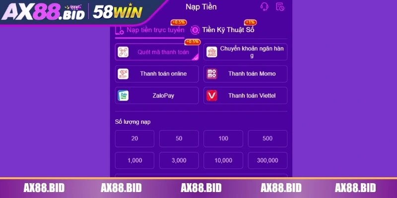 Nạp tiền AX88 - Đa dạng các phương thức